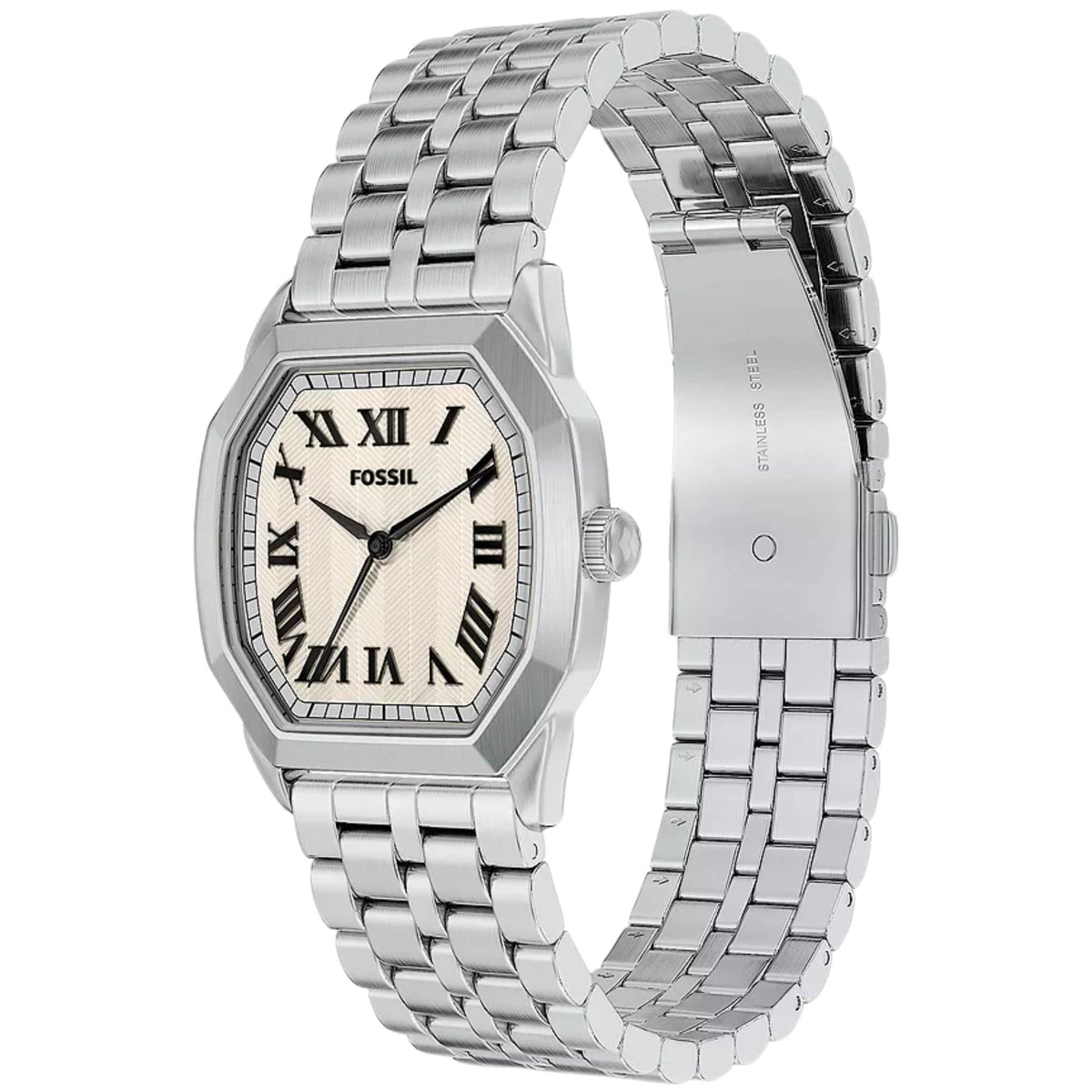 Angled view of the Fossil Harlow FS6211 mens timepiece displaying the cushion case, cream dial, and silver-tone bracelet