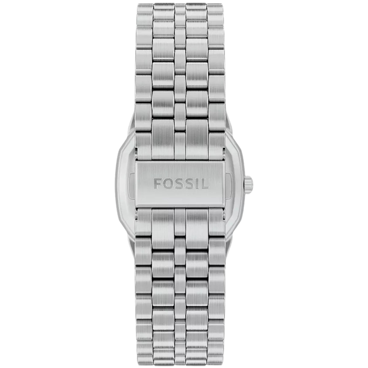Reverse view of the Fossil Harlow FS6211 steel watch detailing the engraved logo on the bracelet clasp