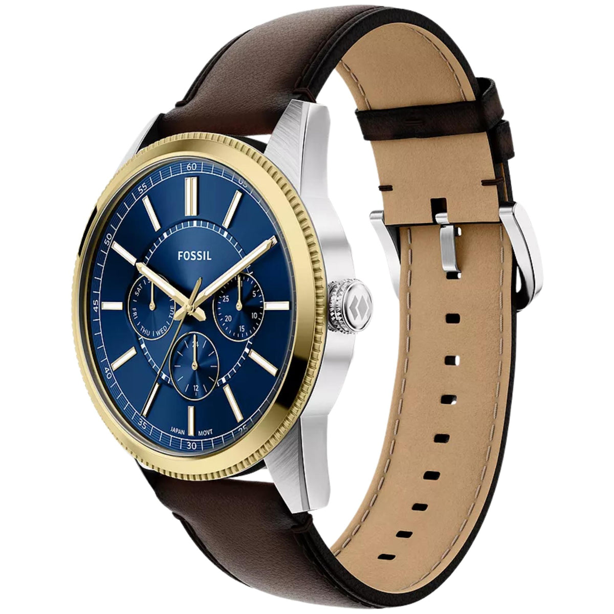 Three-quarter perspective of the Fossil Pearson FS6195 watch showcasing the blue sub-dials, gold-coloured bezel, and silver pin buckle