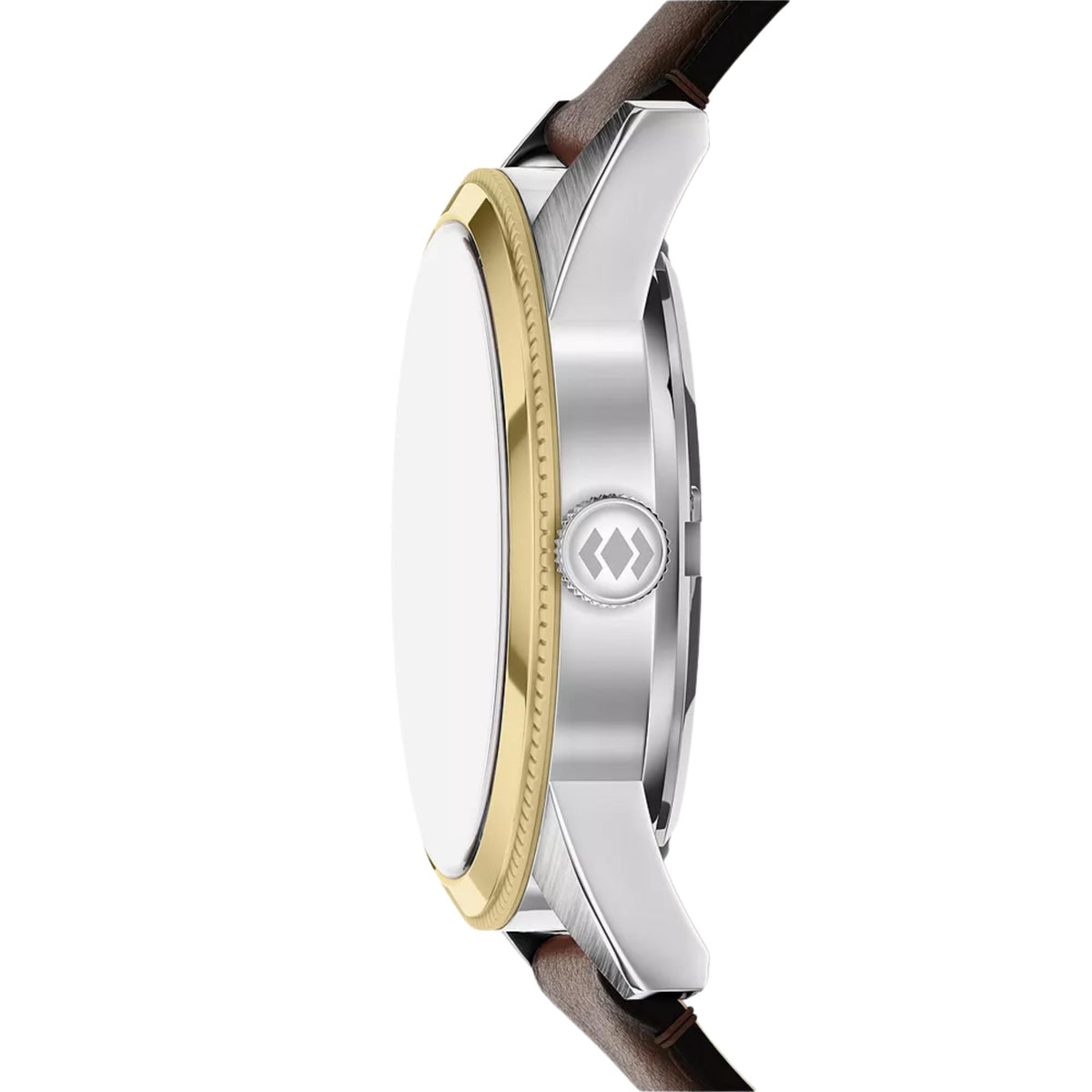 Side profile of the Fossil Pearson FS6195 wrist watch detailing the two-tone case profile and textured adjustment crown
