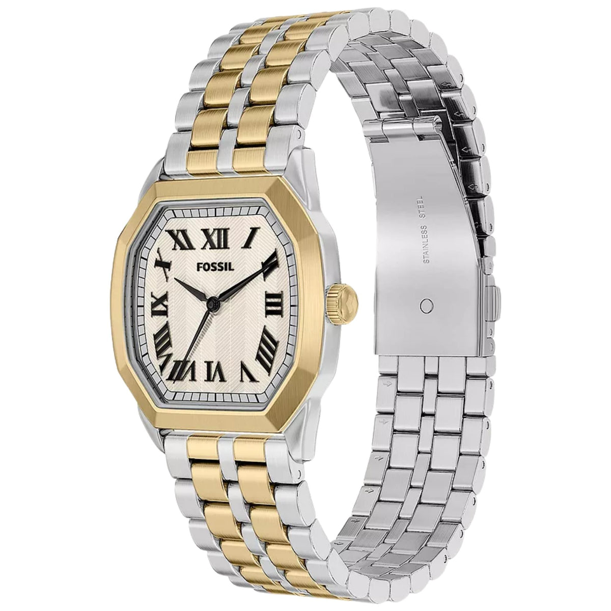 Three-quarter perspective of the Fossil Harlow FS6212 watch displaying the cream dial, gold crown, and stainless steel link bracelet