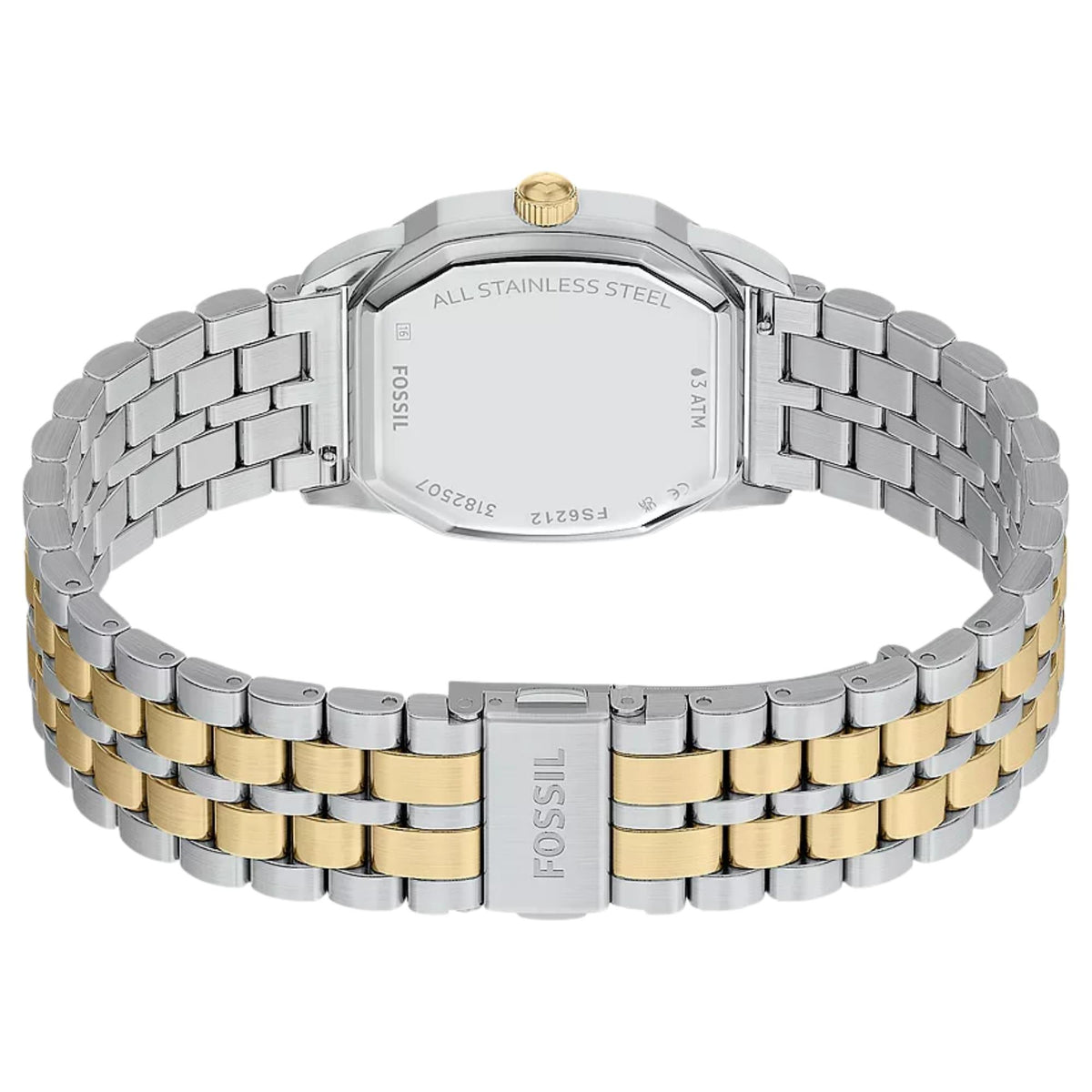 Caseback perspective of the Fossil Harlow FS6212 timepiece showing the engraved stainless steel backplate and fold-over clasp