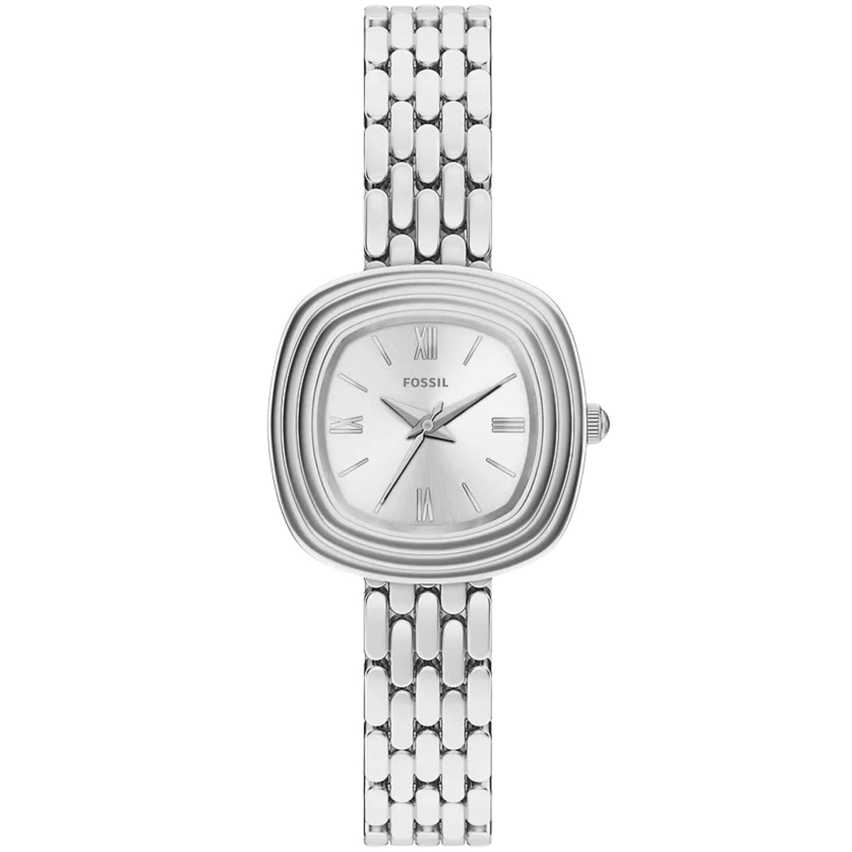 Fossil Emerson ES5508 30mm ladies quartz watch front view displaying cushion-shaped case, silver dial, and fine steel mesh link bracelet