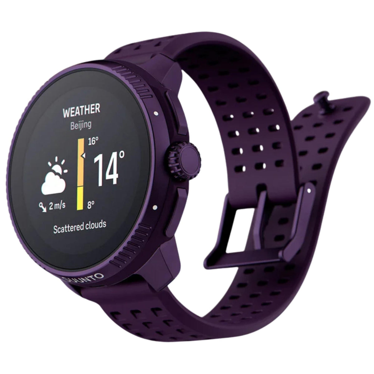 Suunto Race SS050933000 three-quarter view displaying weather interface and purple pin buckle strap