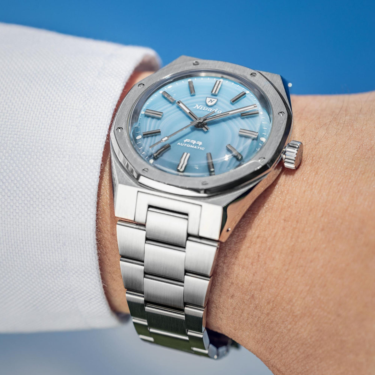 Nivada Grenchen F77 MK2 100 Years Edition 38mm Ice Agate Dial Steel Mens Automatic Watch 68061A77