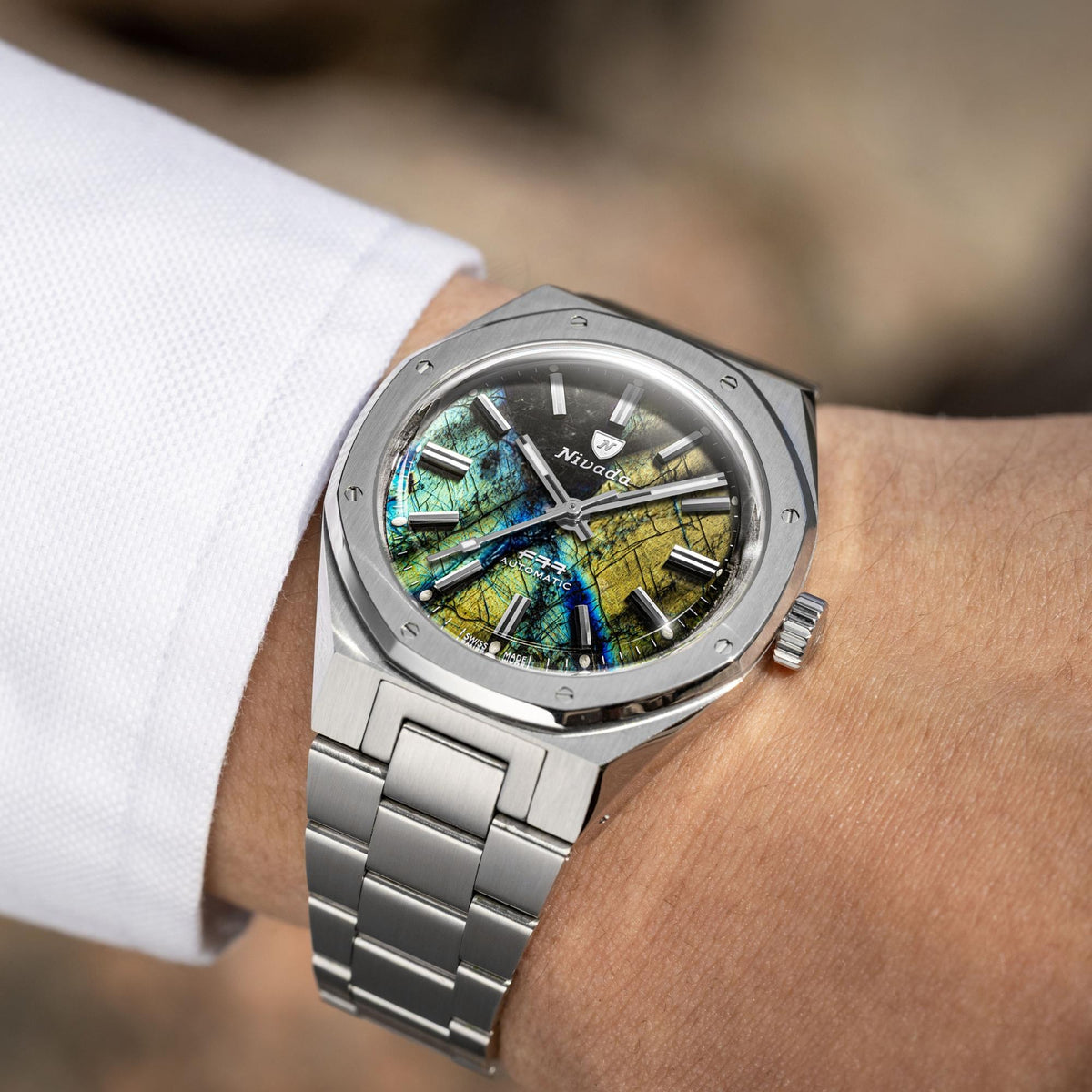 Nivada Grenchen F77 MK2 100 Years Edition 38mm Labradorite Dial Steel Mens Automatic Watch 68054A77