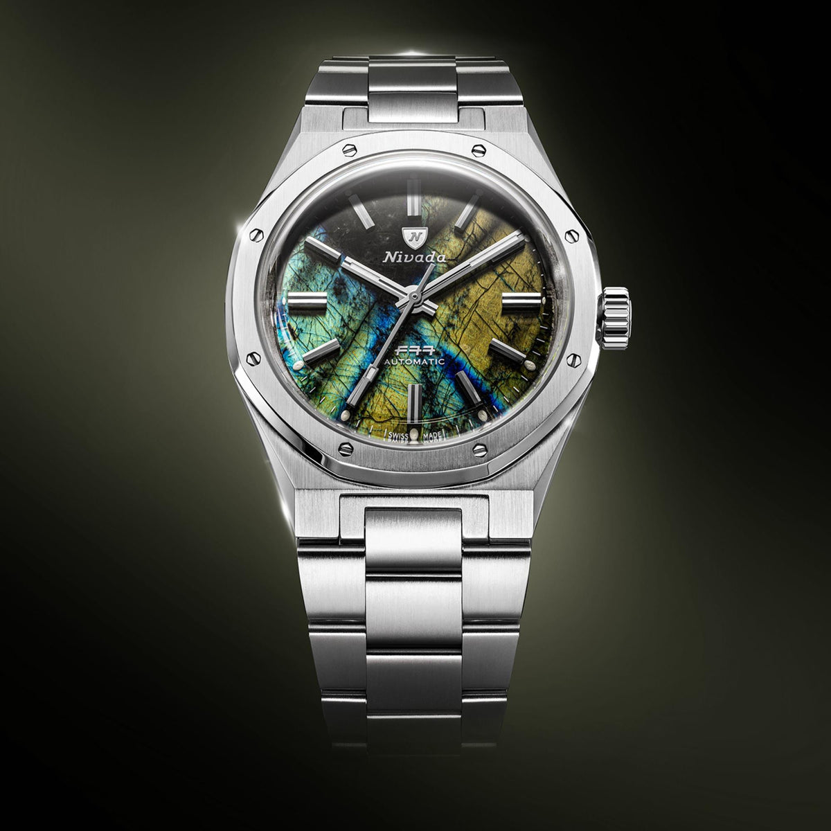 Nivada Grenchen F77 MK2 100 Years Edition 38mm Labradorite Dial Steel Mens Automatic Watch 68054A77