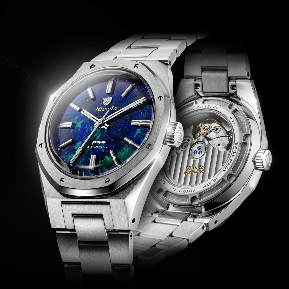 Nivada Grenchen F77 MK2 100 Years Edition 38mm Azurite Dial Steel Mens Automatic Watch 68056A77