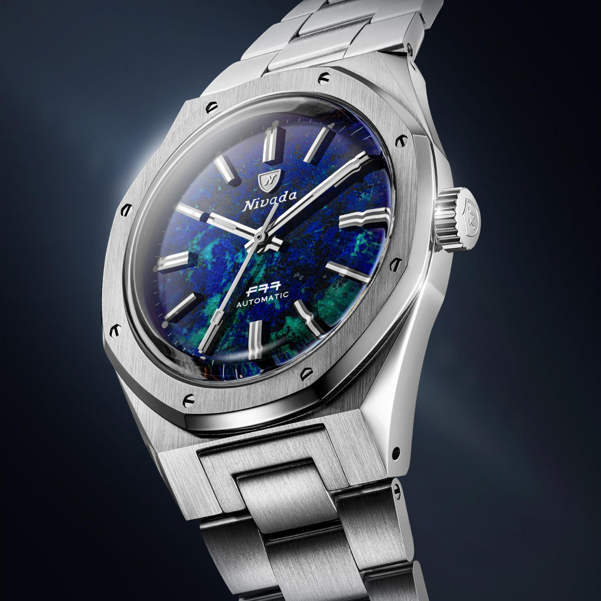 Nivada Grenchen F77 MK2 100 Years Edition 38mm Azurite Dial Steel Mens Automatic Watch 68056A77