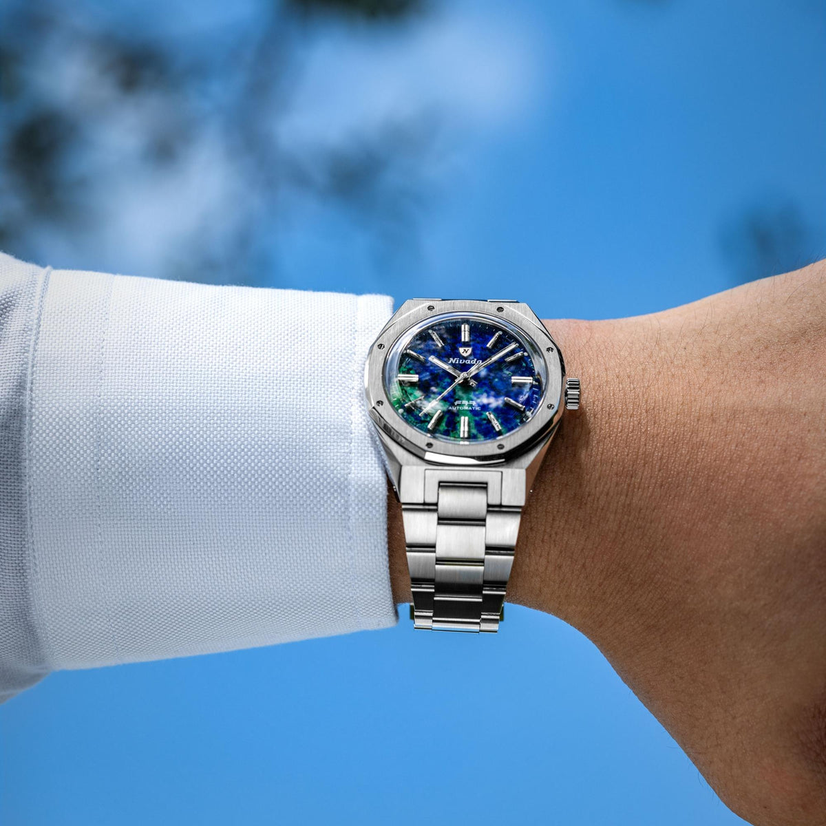 Nivada Grenchen F77 MK2 100 Years Edition 38mm Azurite Dial Steel Mens Automatic Watch 68056A77