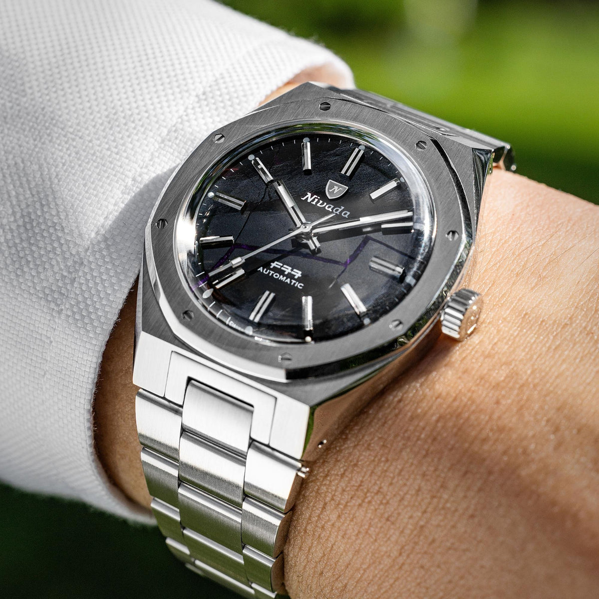 Nivada Grenchen F77 MK2 100 Years Edition 38mm Shungite Black Dial Steel Mens Automatic Watch 68058A77