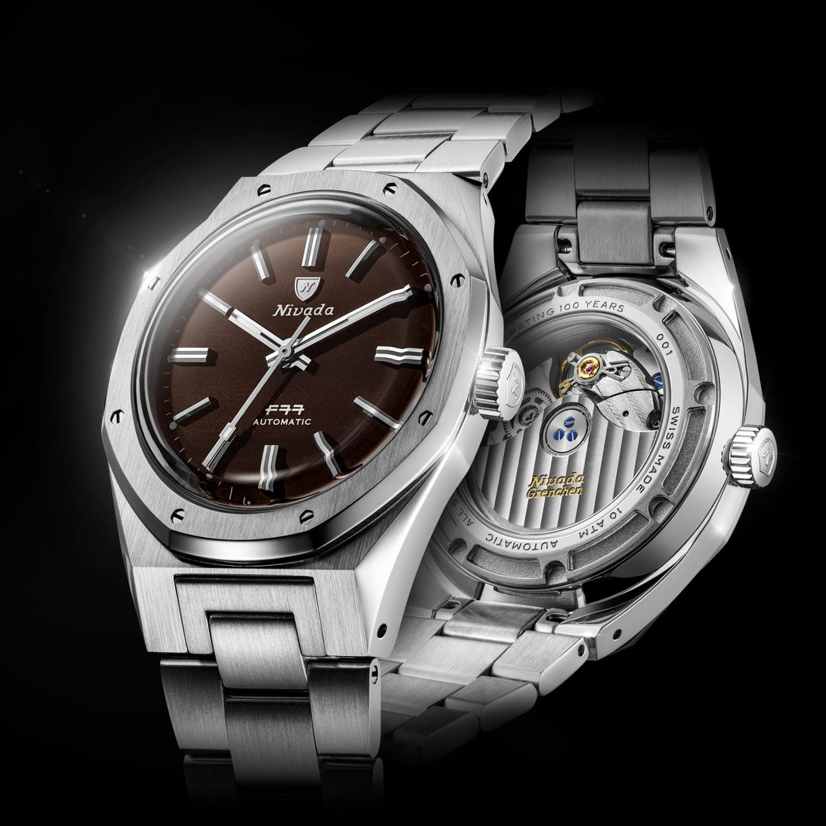 Nivada Grenchen F77 MK2 100 Years Edition 38mm Smoky Quartz Dial Steel Mens Automatic Watch 68060A77
