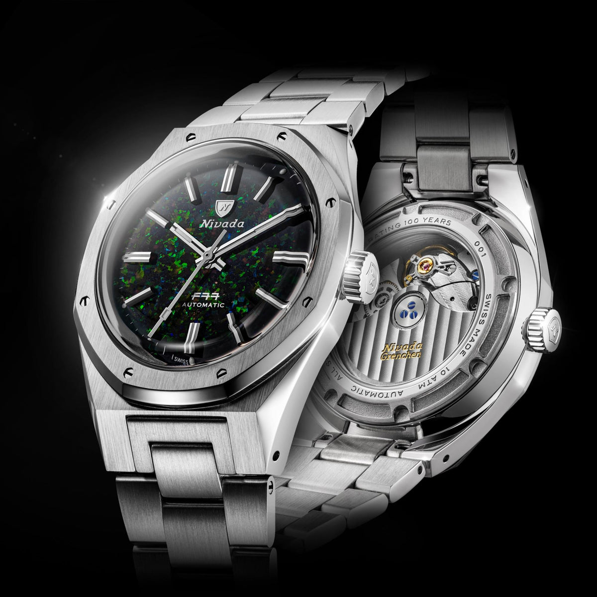 Nivada Grenchen F77 MK2 100 Years Edition 38mm Black Opal Dial Steel Mens Automatic Watch 68062A77