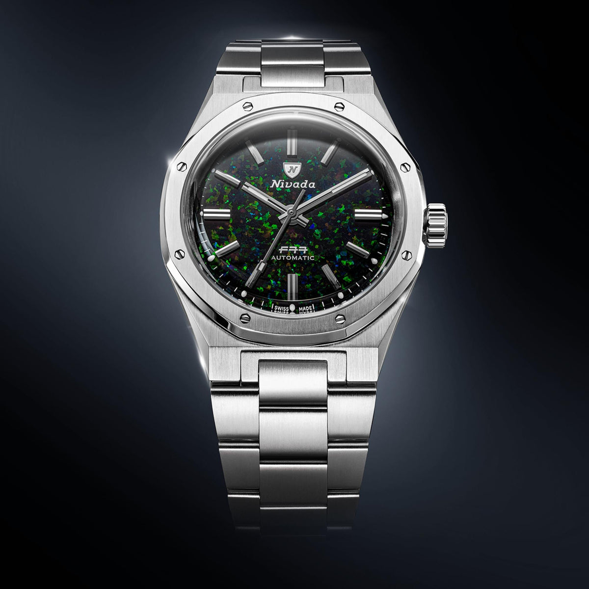 Nivada Grenchen F77 MK2 100 Years Edition 38mm Black Opal Dial Steel Mens Automatic Watch 68062A77