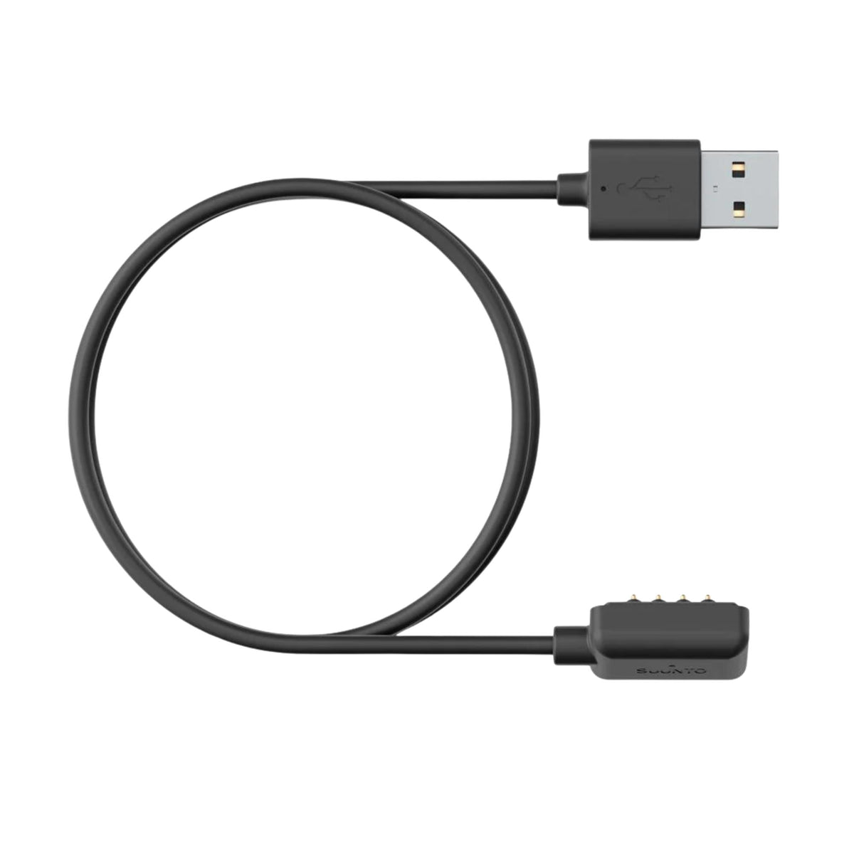 Suunto Magnetic USB Charging Cable SS022993000 flat top view showing coiled black cord with USB connector and 4-pin magnetic charging head