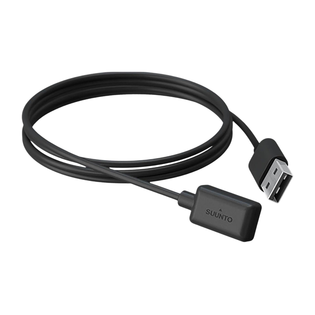 Suunto Magnetic USB Charging Cable SS022993000 angled perspective showing looped black cable featuring engraved brand connector end