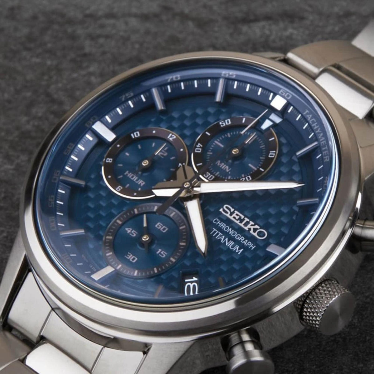 Seiko Essentials 41.5mm Chronograph Blue Dial Titanium Mens Quartz Watch SSB387P1