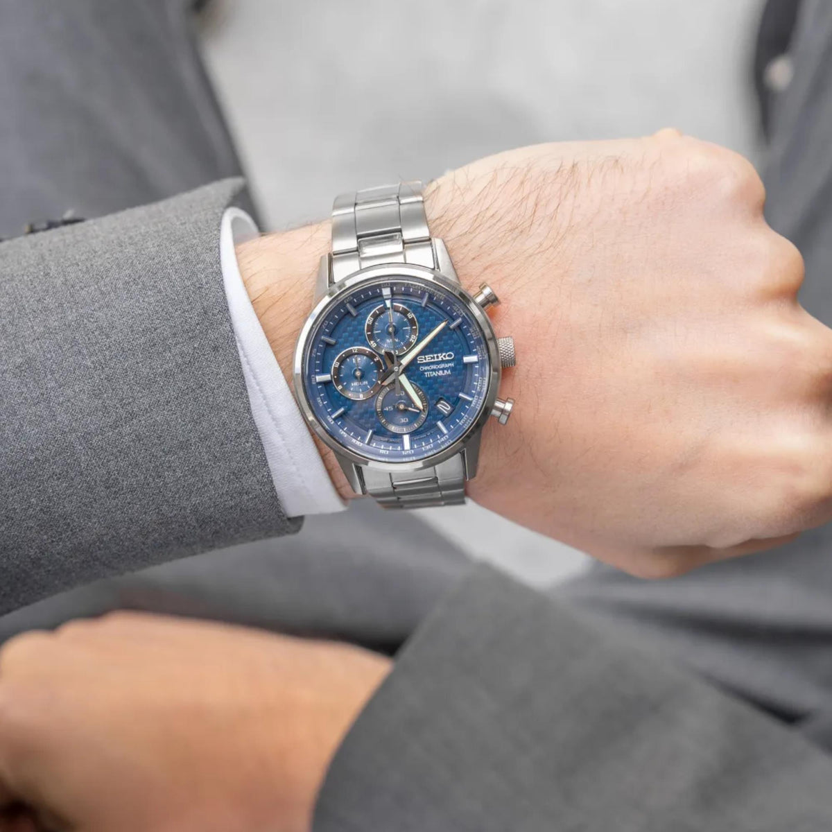 Seiko Essentials 41.5mm Chronograph Blue Dial Titanium Mens Quartz Watch SSB387P1