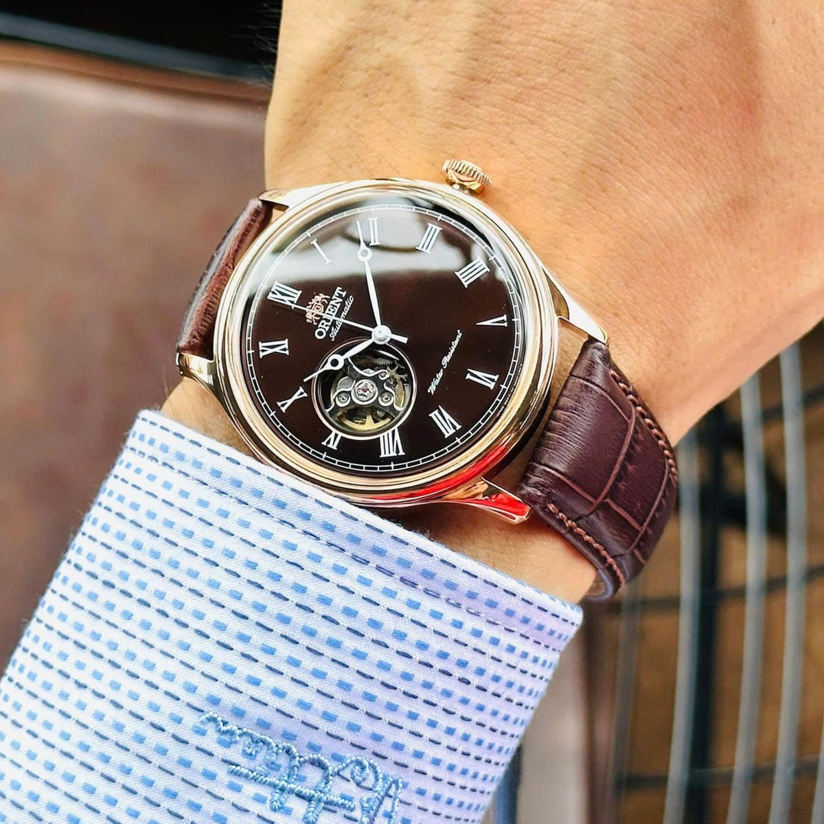 Orient Open Heart 43mm Brown Dial Leather Mens Automatic Watch TAG00001T0