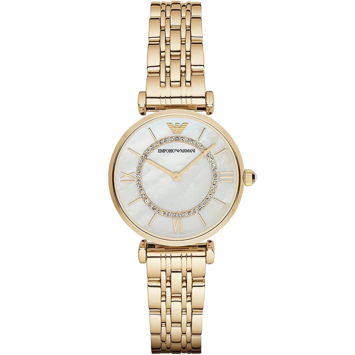 Emporio Armani Gianni T-Bar 32mm Mother of Pearl Dial Yellow Gold-Tone Steel Ladies Quartz Watch AR1907