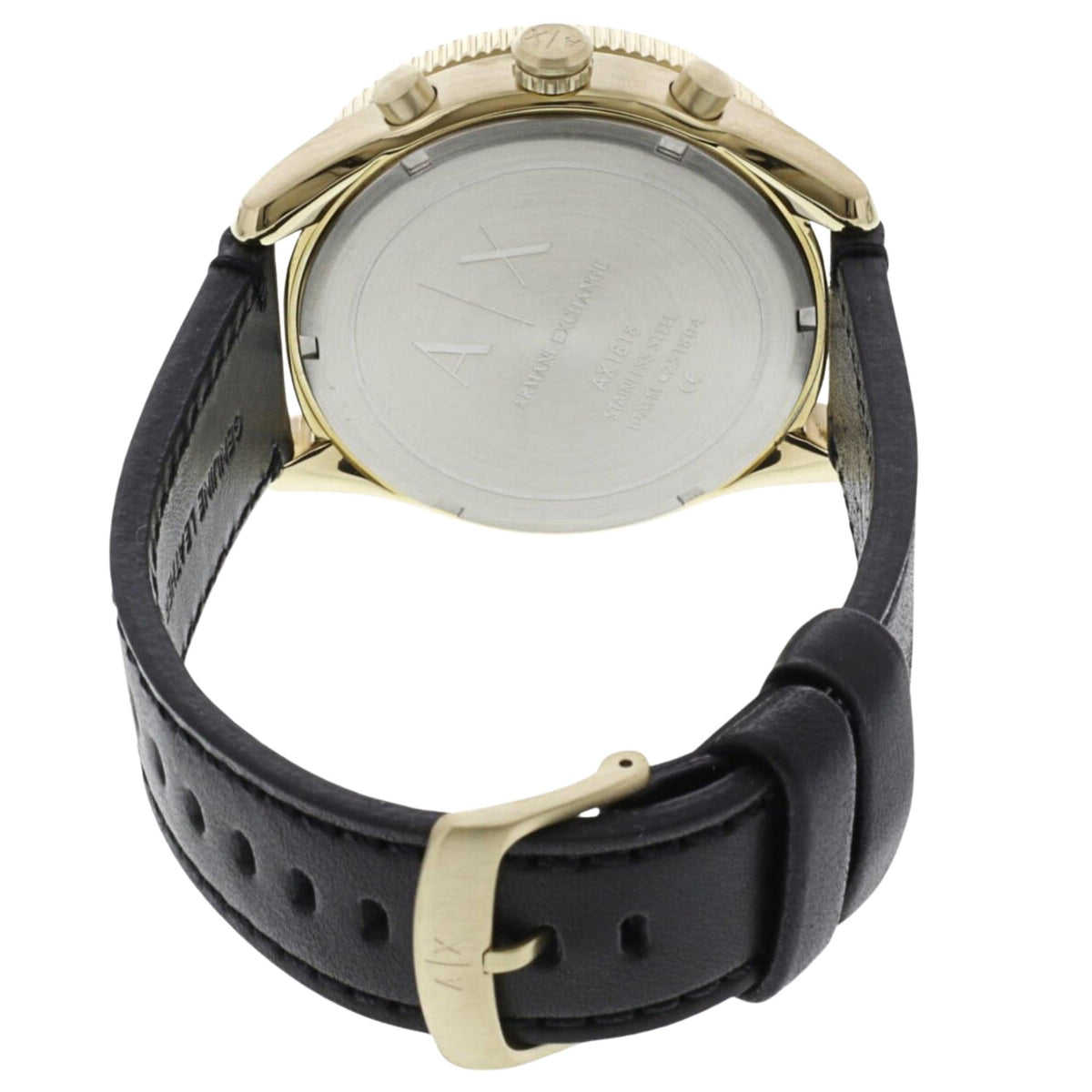 Armani Exchange Enzo 46mm Chronograph Black Dial Yellow Gold-Tone Steel Leather Mens Quartz Watch AX1818