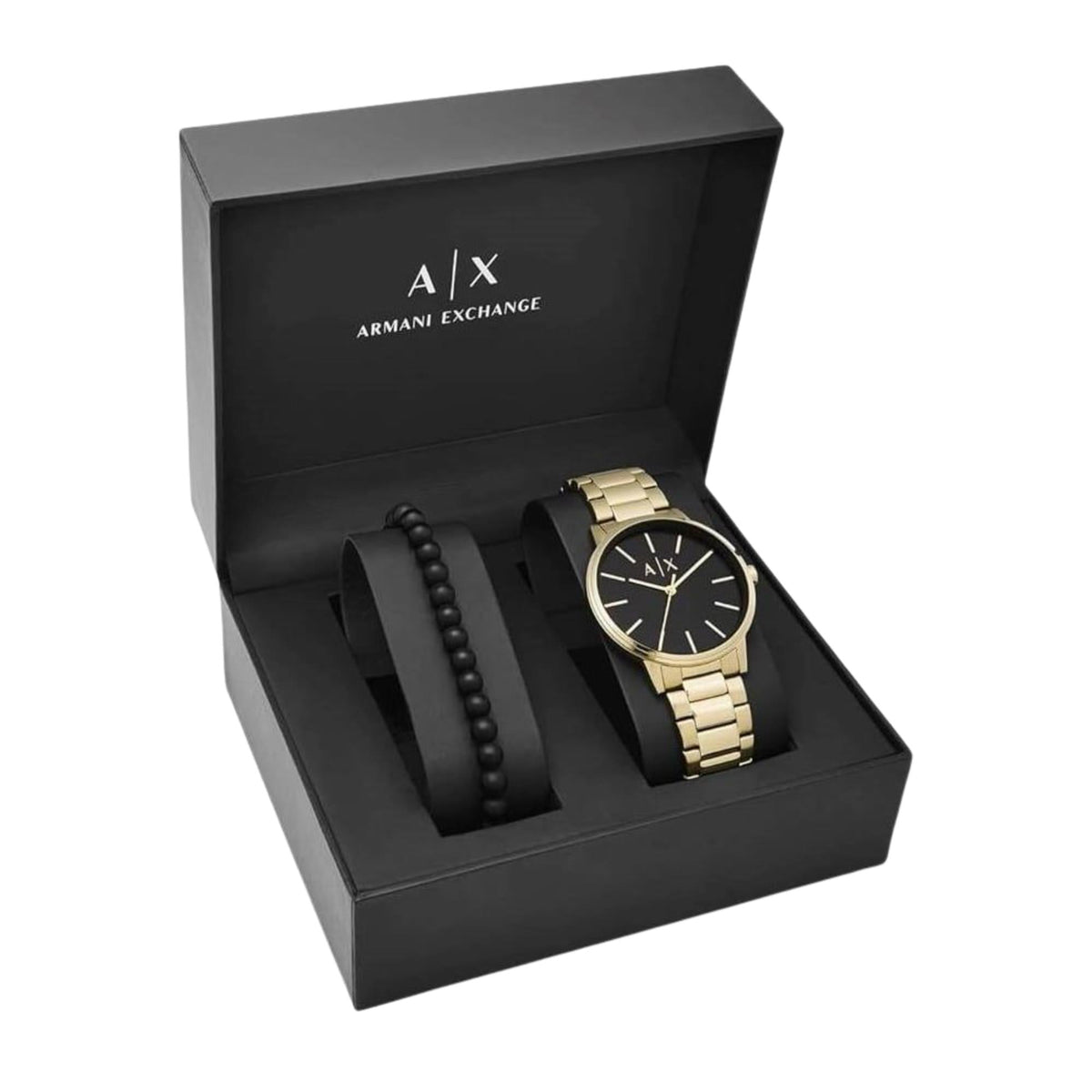 Armani Exchange Cayde 42mm Black Dial Yellow Gold-Tone Steel Mens Quartz Watch and Bracelet Gift Set AX7119