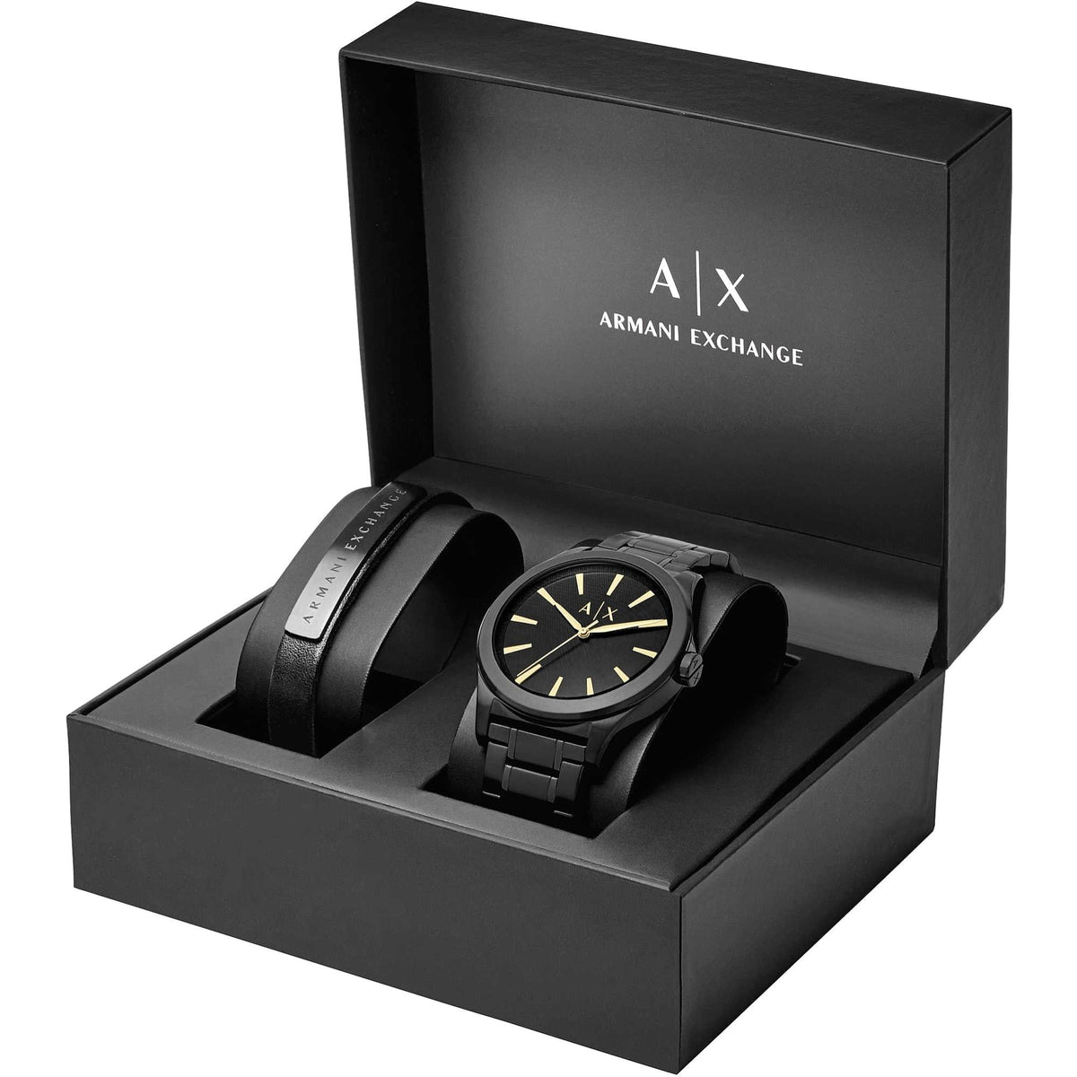 Armani Exchange Nico 44mm Black Dial Steel Mens Quartz Watch and Bracelet Gift Set AX7102