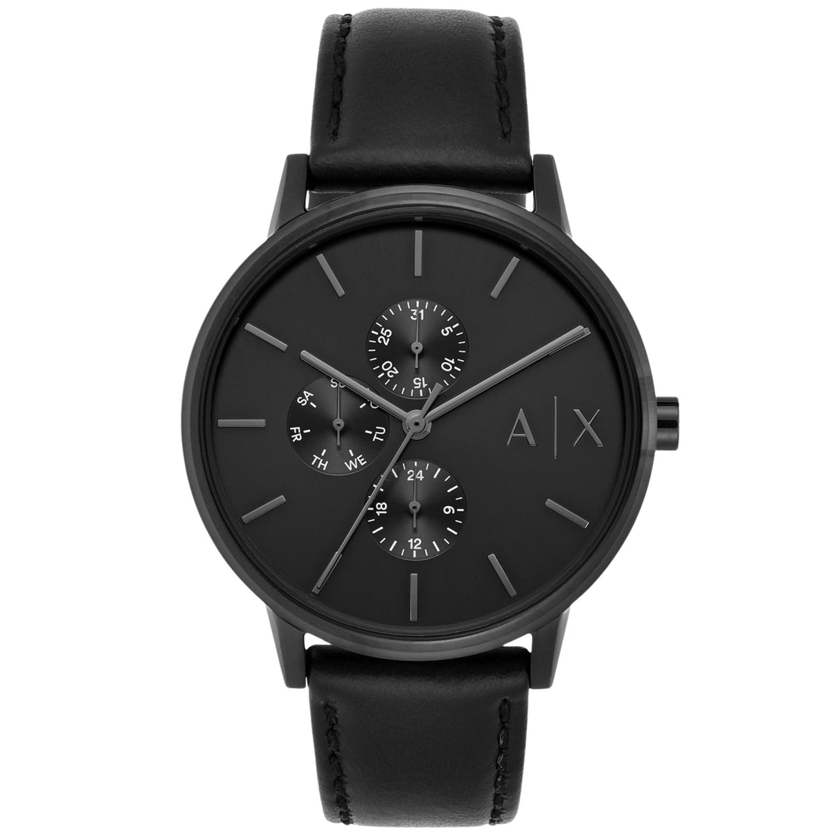Armani Exchange Cayde 42mm Multifunction Black Dial Leather Mens Quartz Watch AX2719