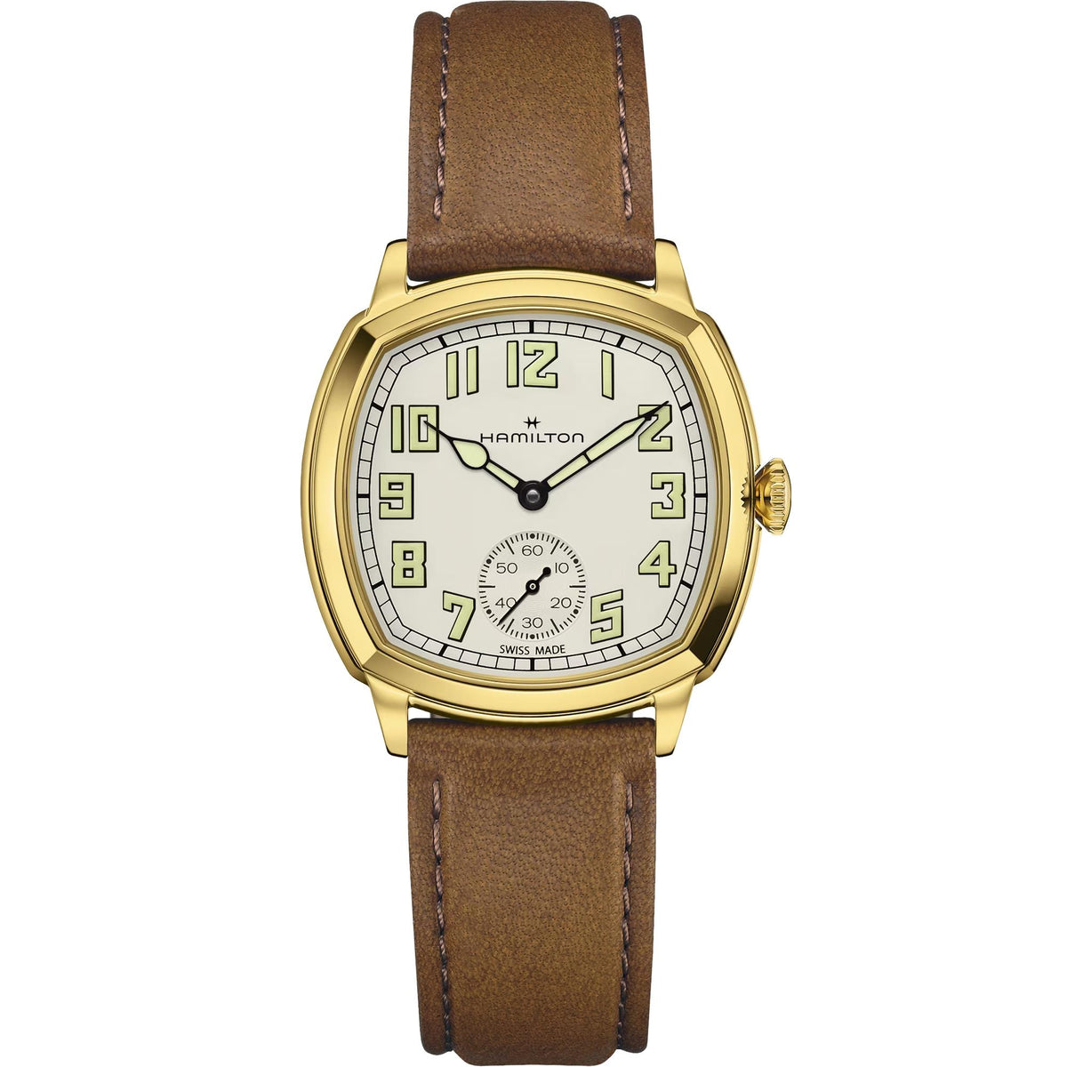 Hamilton American Classic Cushion Mechanical 34mm Beige Dial Yellow Gold-Tone Steel Leather Mens Manual-Wind Watch H36139520