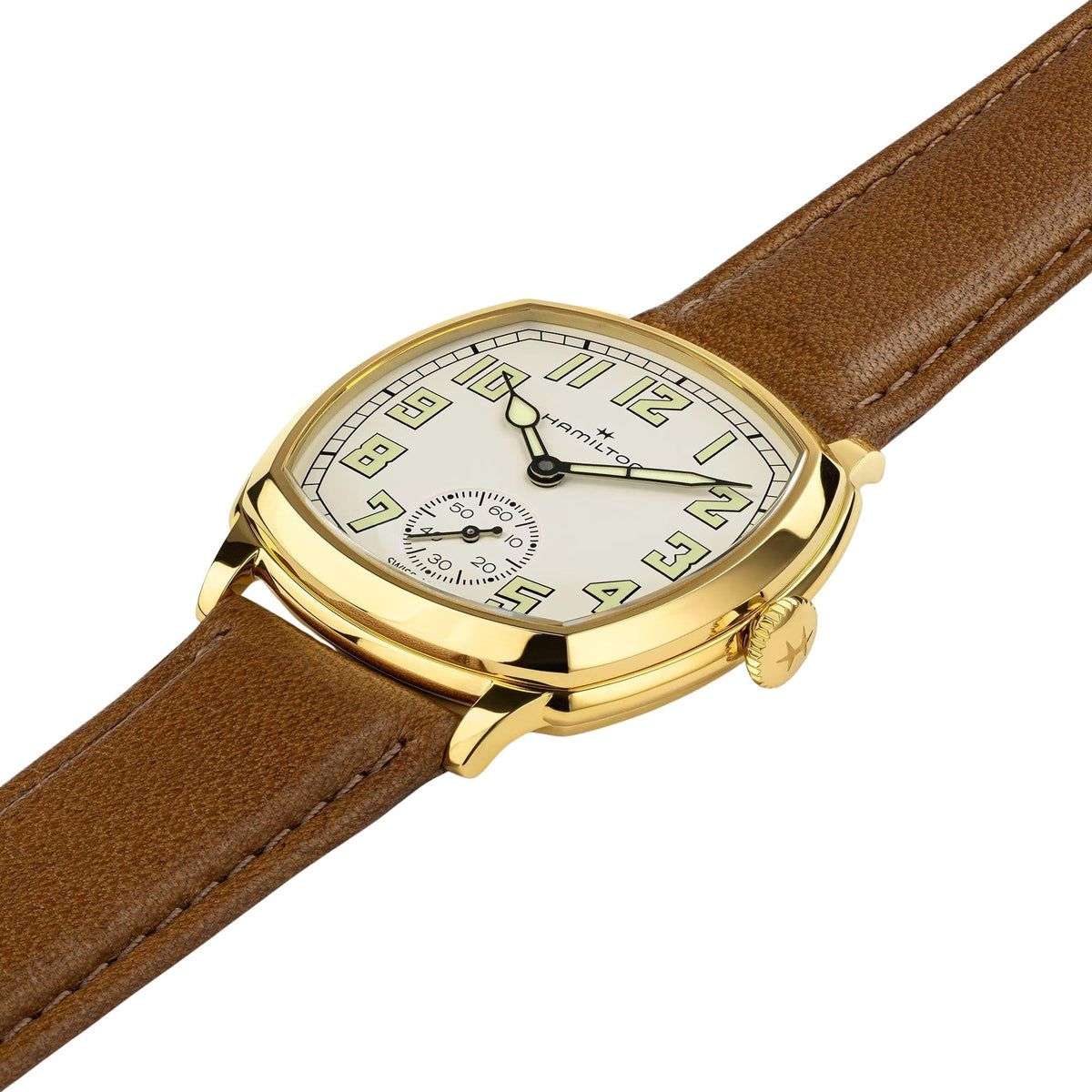 Hamilton American Classic Cushion Mechanical 34mm Beige Dial Yellow Gold-Tone Steel Leather Mens Manual-Wind Watch H36139520