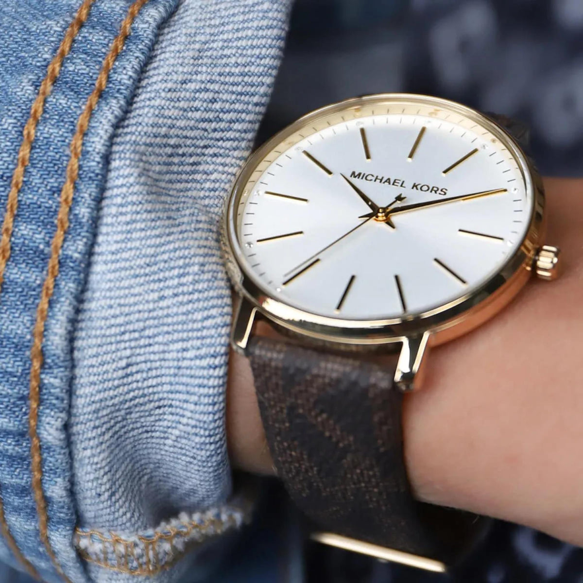 Michael Kors Pyper 38mm Silver Dial Yellow Gold-Tone Steel Leather Ladies Quartz Watch MK2857