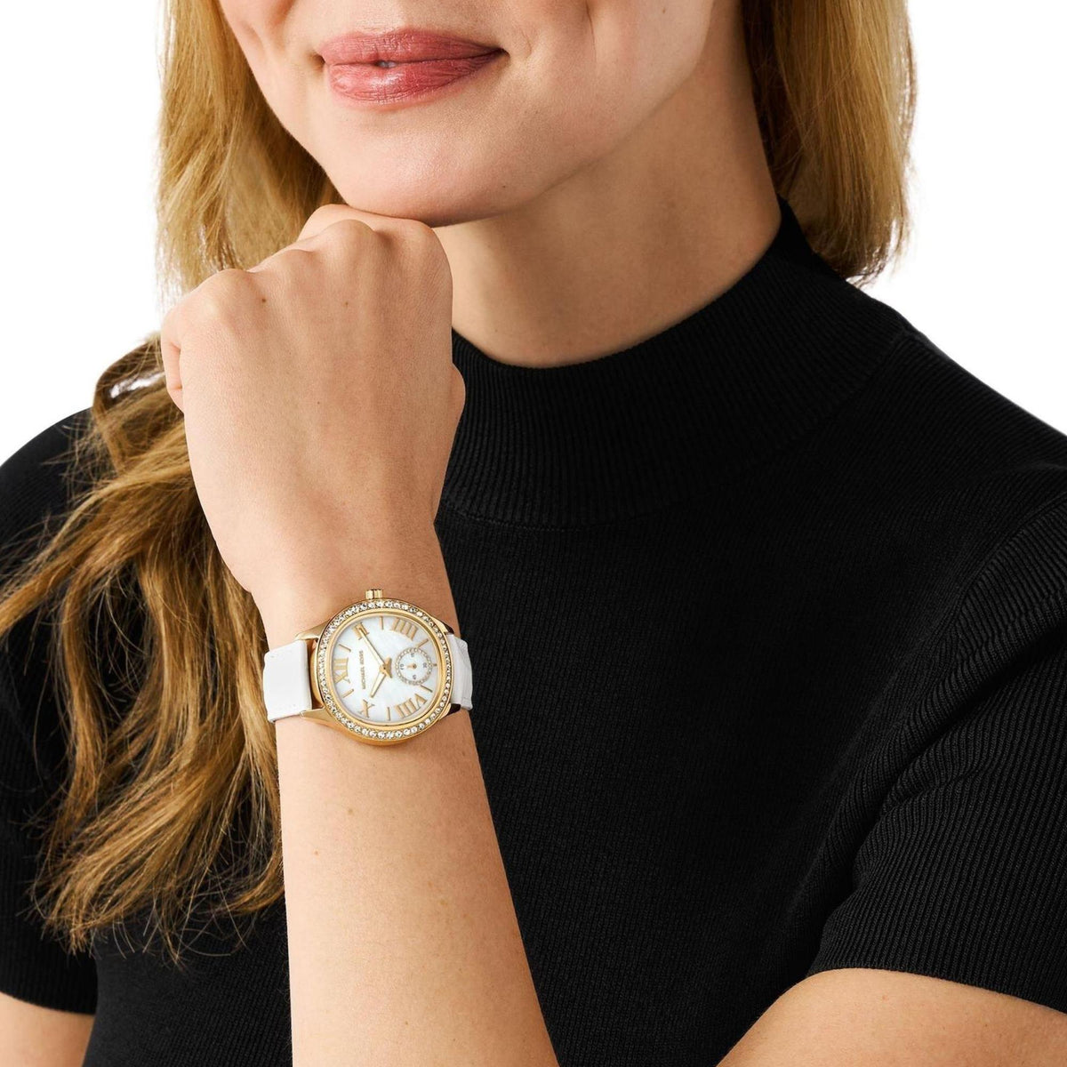 Michael Kors Sage Pavé 38mm Mother of Pearl Dial Yellow Gold-Tone Steel Leather Ladies Quartz Watch MK4818