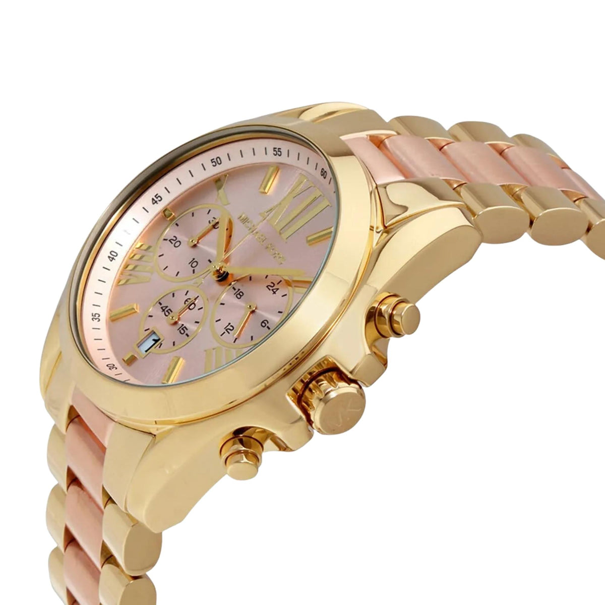 Michael Kors Bradshaw 43mm Chronograph Rose Gold Dial Yellow Gold-Tone Steel Ladies Quartz Watch MK6359
