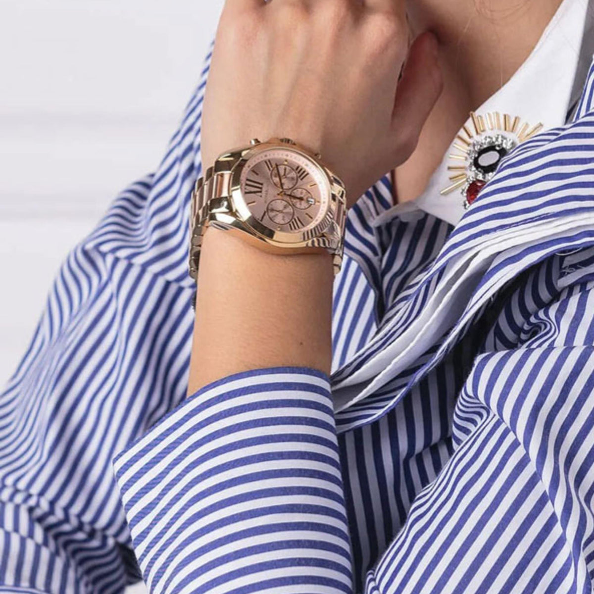 Michael Kors Bradshaw 43mm Chronograph Rose Gold Dial Yellow Gold-Tone Steel Ladies Quartz Watch MK6359