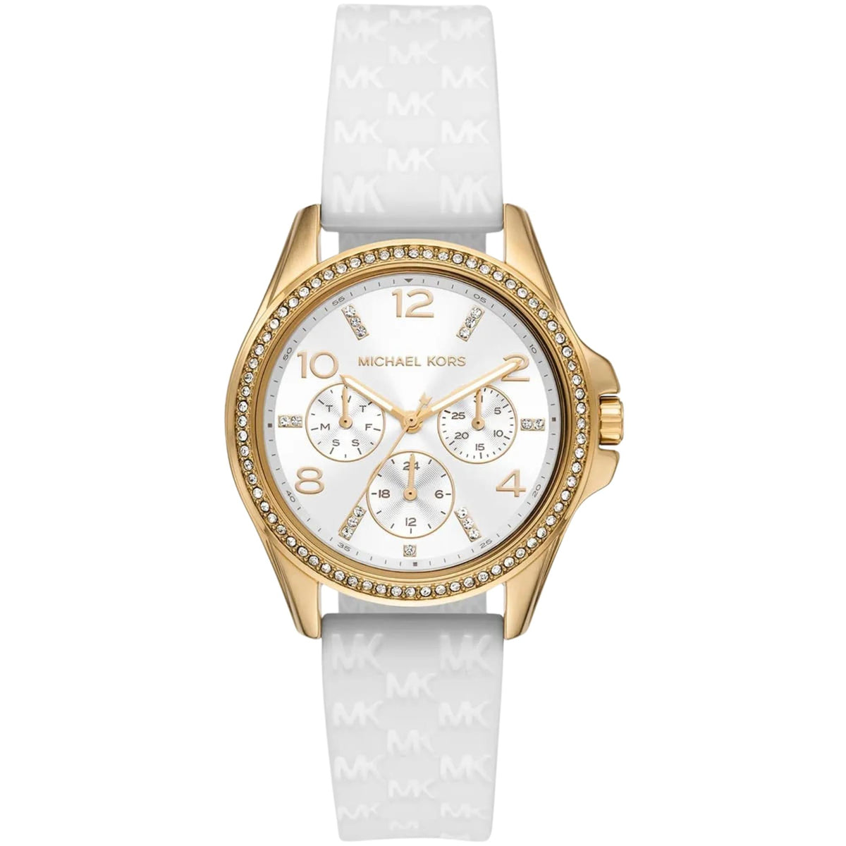 Michael Kors Mini Pilot 36mm Chronograph White Dial Yellow Gold-Tone Steel Silicone Ladies Quartz Watch MK7372