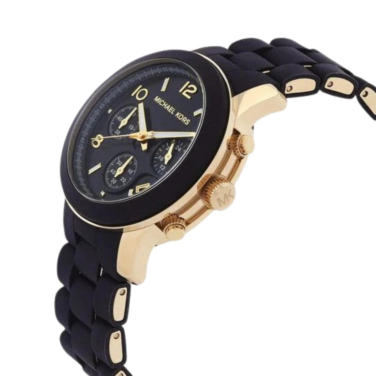 Michael Kors Runway 38mm Chronograph Black Dial Yellow Gold-Tone Steel Silicone Ladies Quartz Watch MK7385