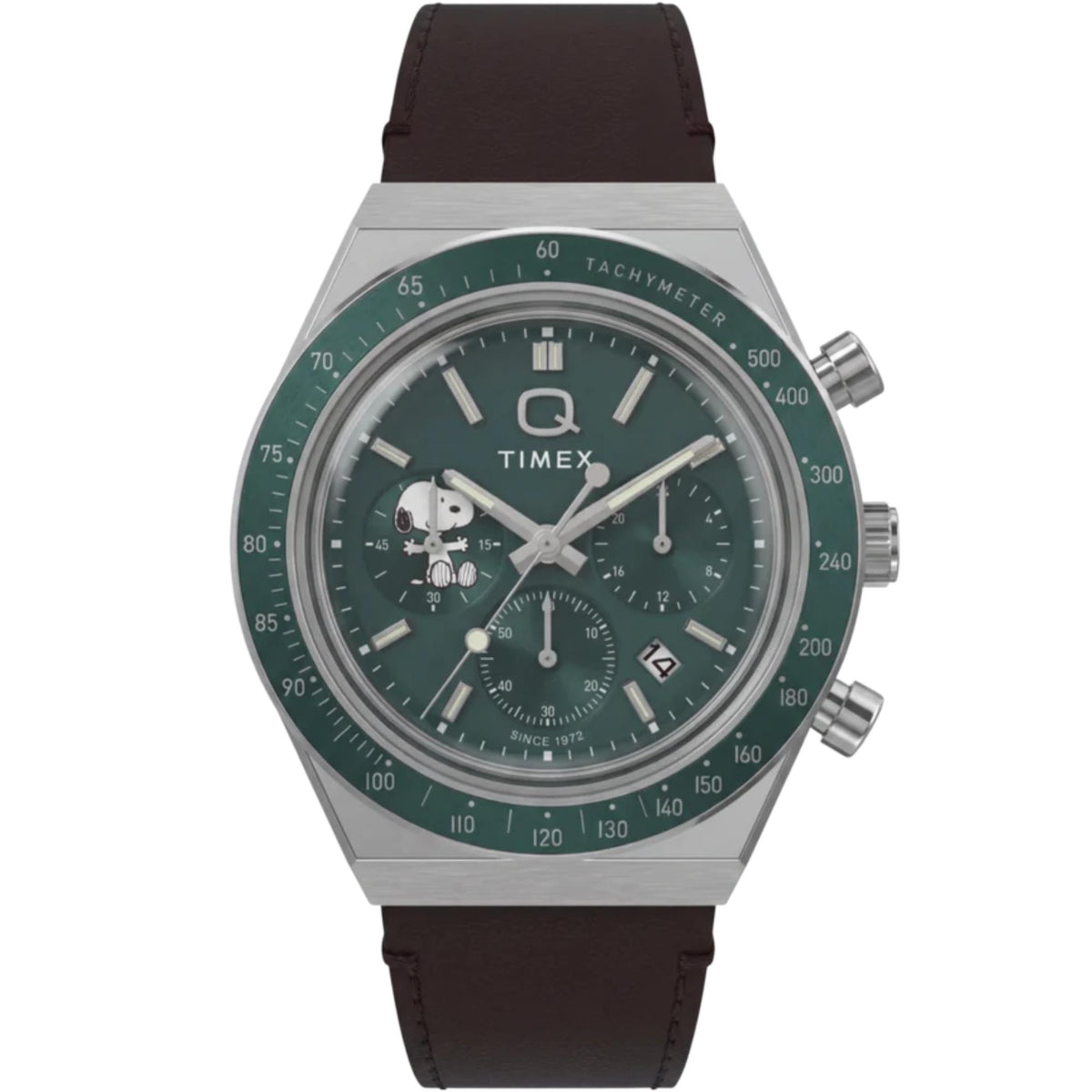 Timex Peanuts x Q Timex 40mm Chronograph Green Dial Leather Mens Quartz Watch TW6A04400