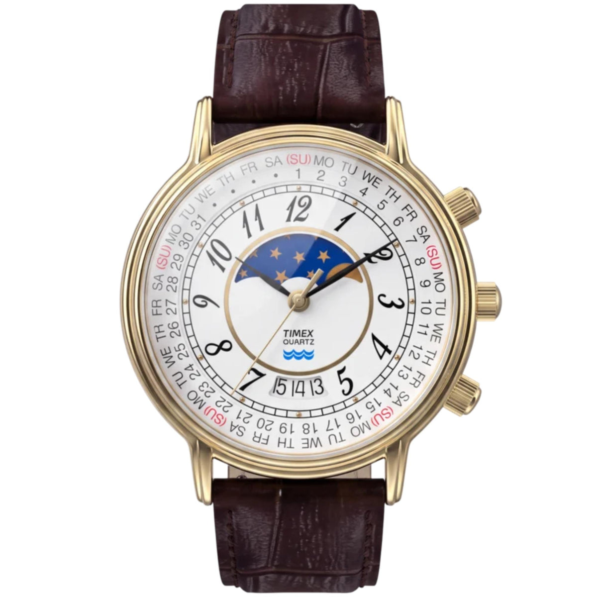 Timex Reissue 1990 Moon Phase 37mm White Dial Leather Mens Quartz Watch TW2Y99000