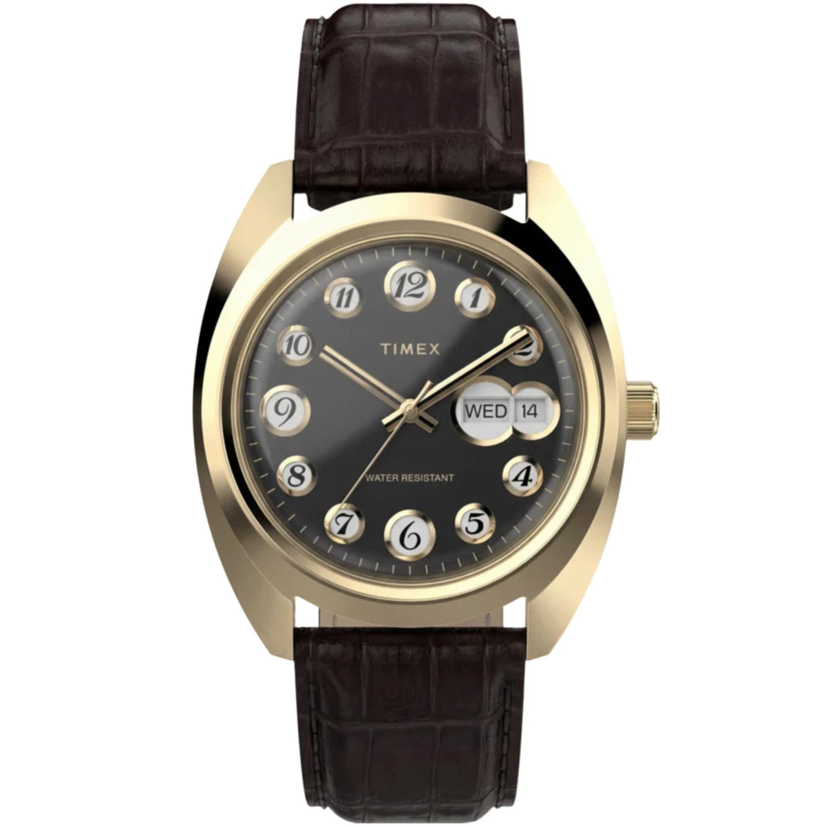Timex Reissue 1976 Rotary Phone 37mm Black Dial Yellow Gold-Tone Steel Leather Mens Quartz Watch TW2Y82100