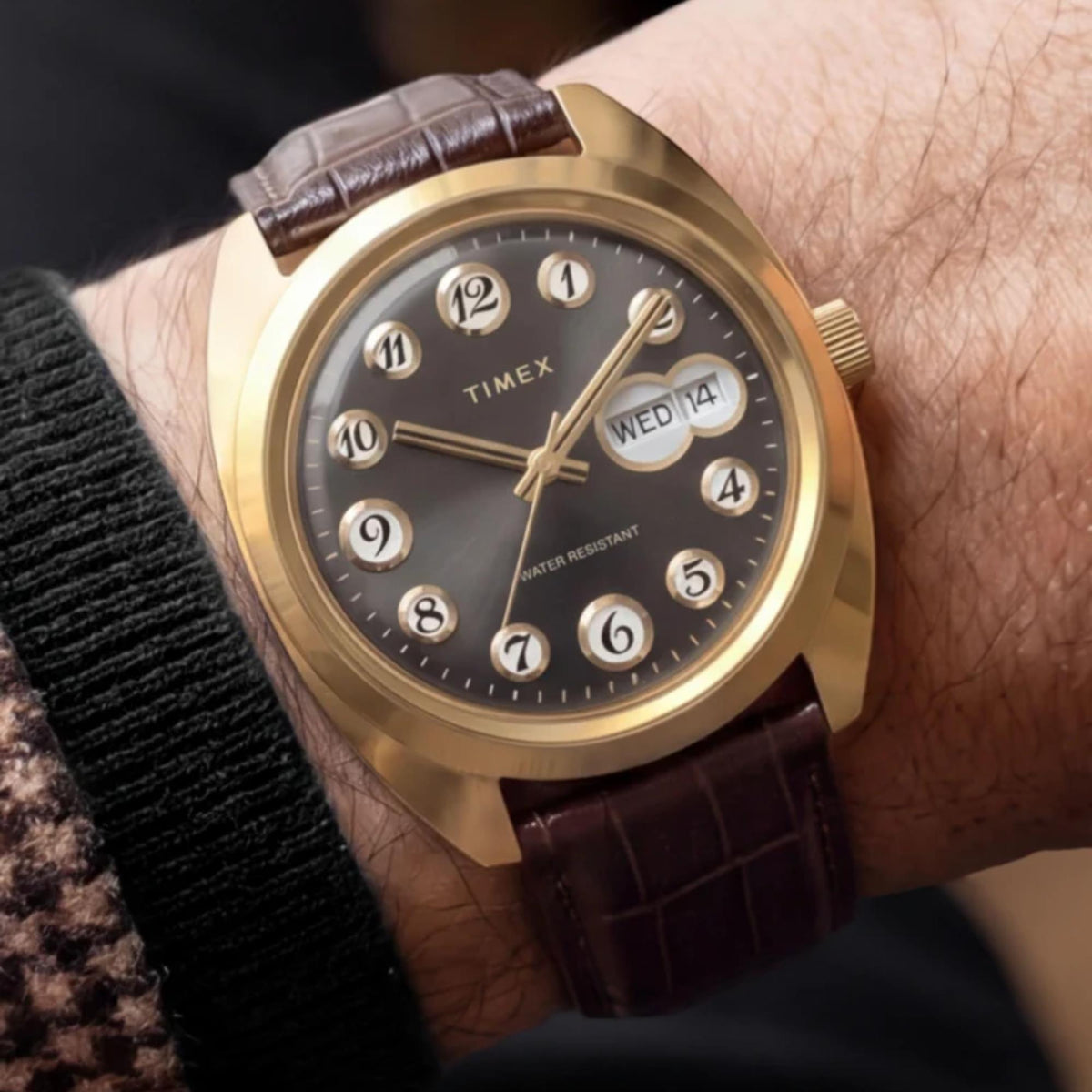 Timex Reissue 1976 Rotary Phone 37mm Black Dial Yellow Gold-Tone Steel Leather Mens Quartz Watch TW2Y82100