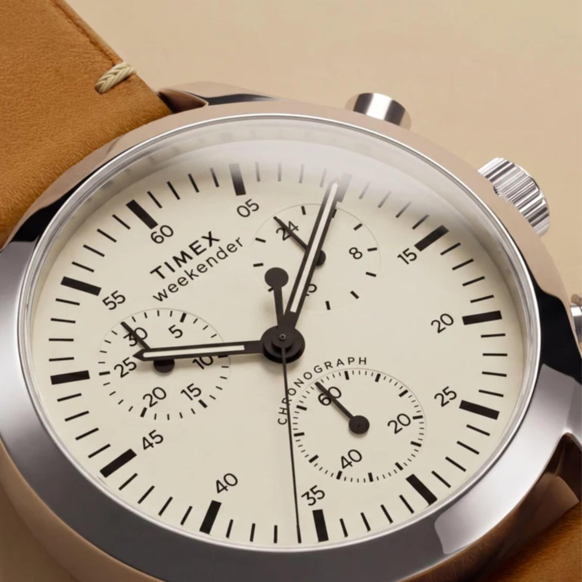 Timex Weekender New England 40mm Chronograph Cream Dial Leather Mens Quartz Watch TW2Y85000