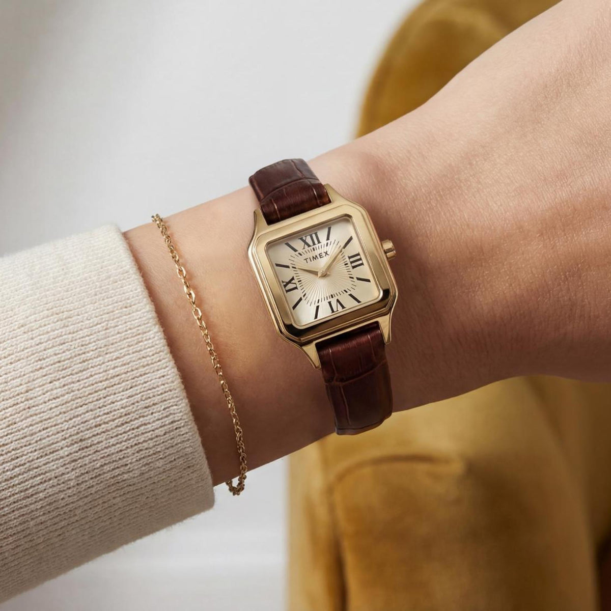 Timex Trend Addison 23mm Champagne Dial Yellow Gold-Tone Steel Leather Ladies Quartz Watch TW2Y90700
