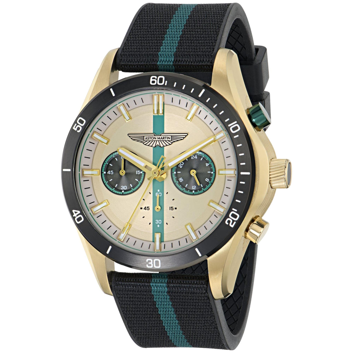 Aston Martin Thrill CLP 45mm Chronograph Champagne Dial Yellow Gold-Tone Steel Silicone Mens Quartz Watch MTRL1F601