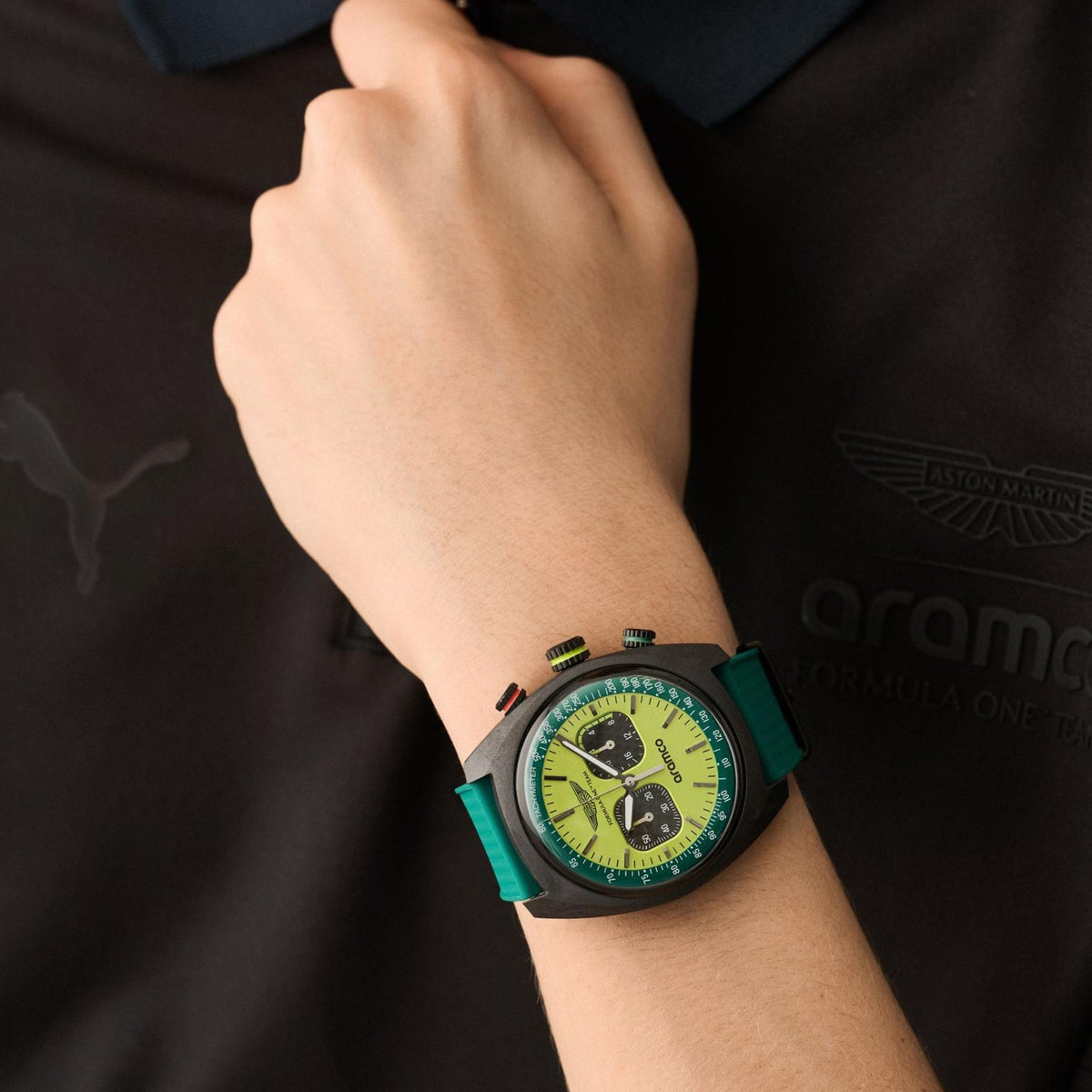 Aston Martin Aramco Formula One Team DWF 43mm Chronograph Yellow Dial Silicone Mens Quartz Watch MTFD2F603