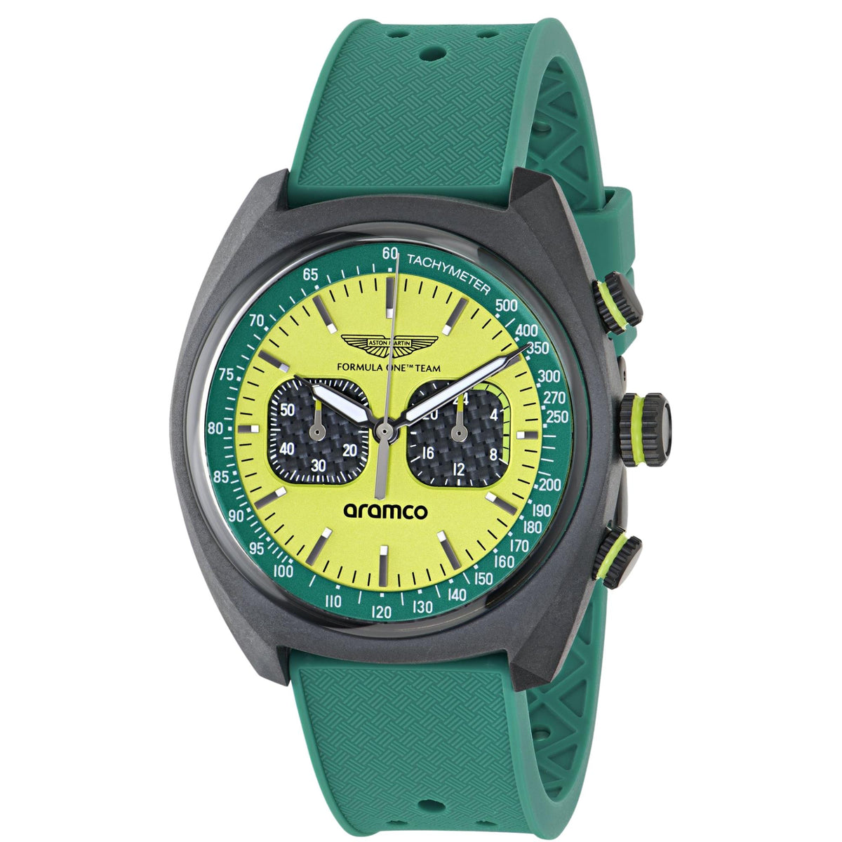 Aston Martin Aramco Formula One Team DWF 43mm Chronograph Yellow Dial Silicone Mens Quartz Watch MTFD2F603