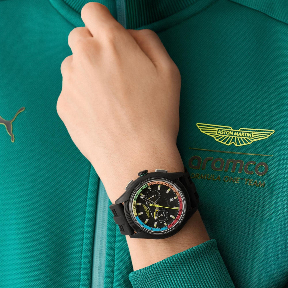 Aston Martin Aramco Formula One Team BLC 44mm Chronograph Black Dial Silicone Mens Quartz Watch MTFB1F603
