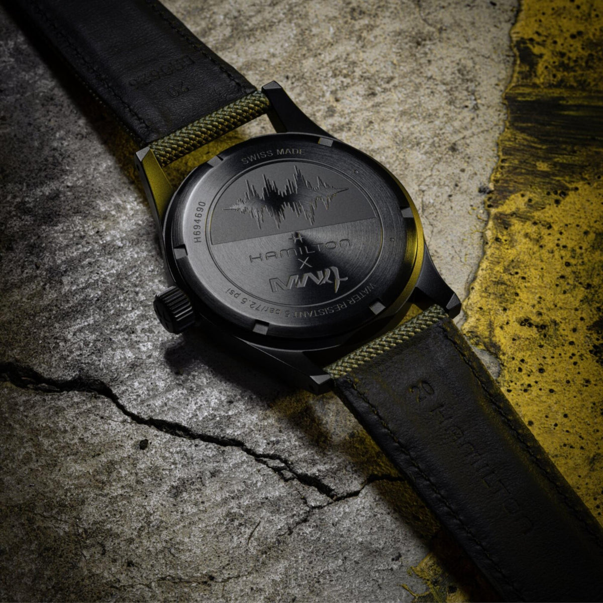 Hamilton Khaki Field Call of Duty H69469930 close-up rear case view displaying collaborative engravings and textile strap