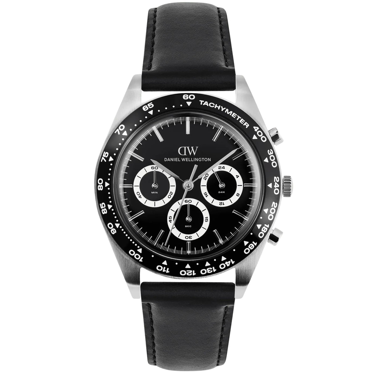Daniel Wellington Iconic Tachymeter 42mm Chronograph Black Dial Leather Mens Quartz Watch DW00100950