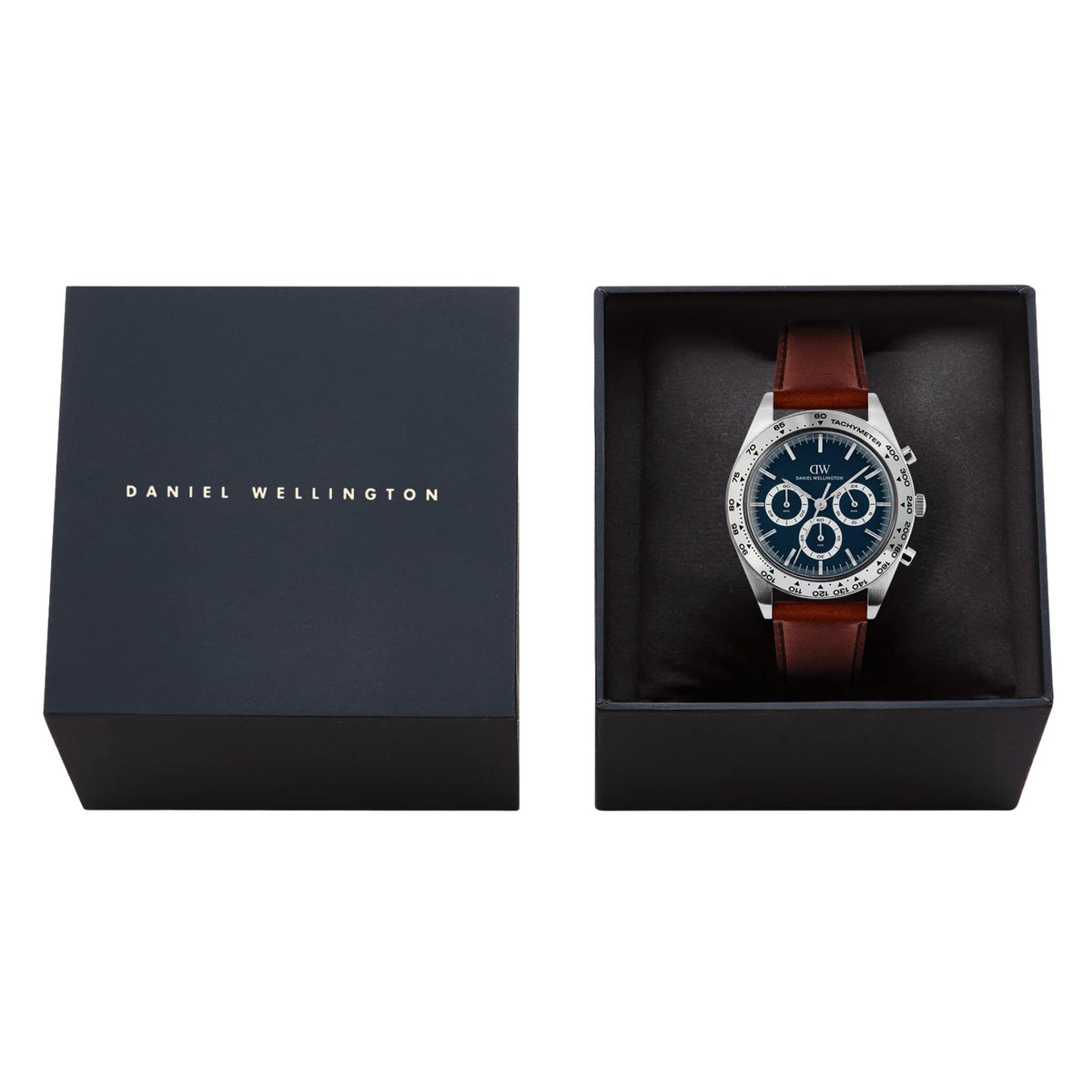 Daniel Wellington Iconic Tachymeter 42mm Chronograph Blue Dial Leather Mens Quartz Watch DW00100952