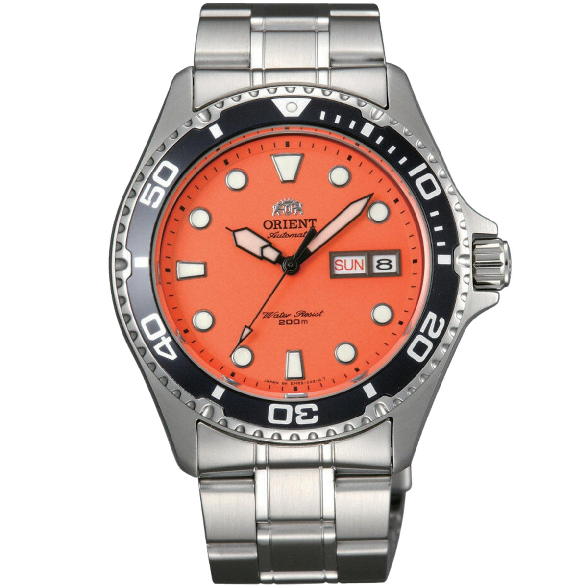Orient Ray TAA02006M9 front view of 41.5mm orange dial mens automatic watch with steel case and bracelet